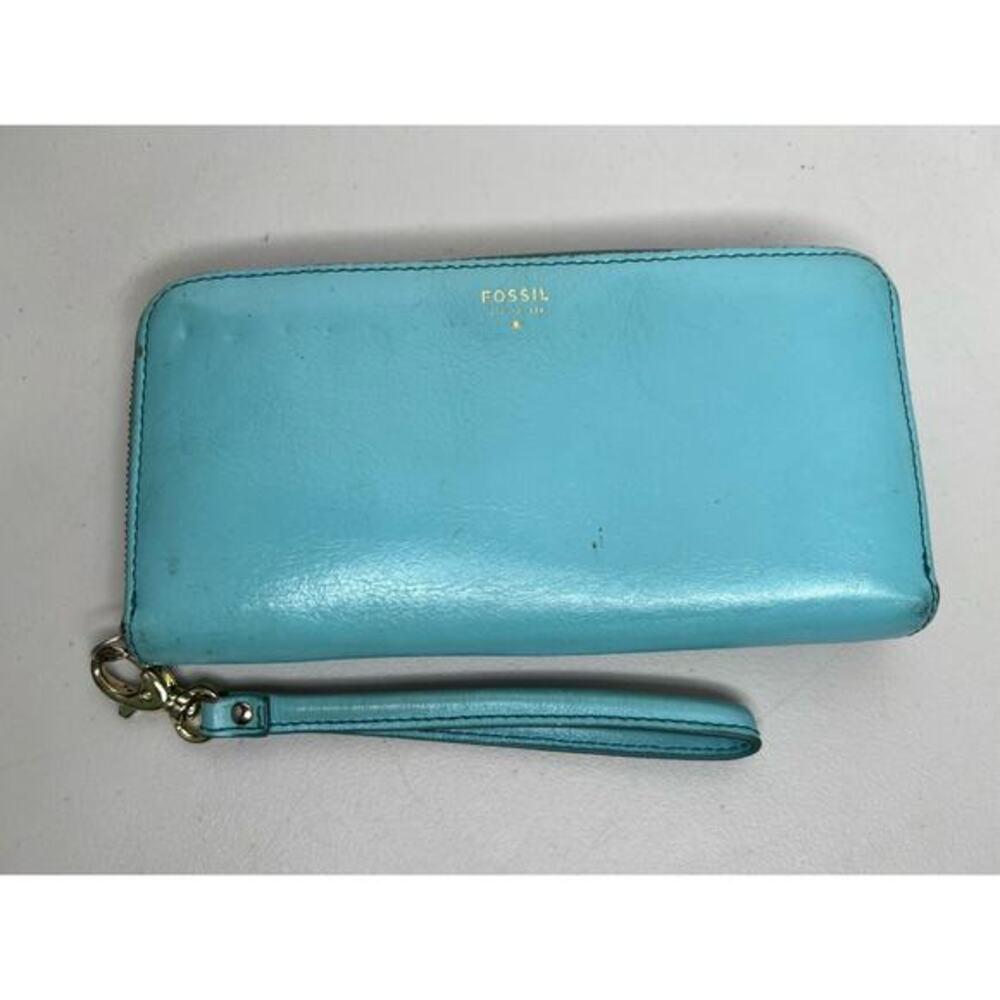 Fossil Teal Leather Zip Around Wallet Wristlet